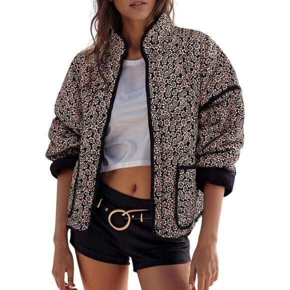 〽️Women's Greenfloral Weyeysyt Cropped Quilted Puffer Print Lightweight Jacket
